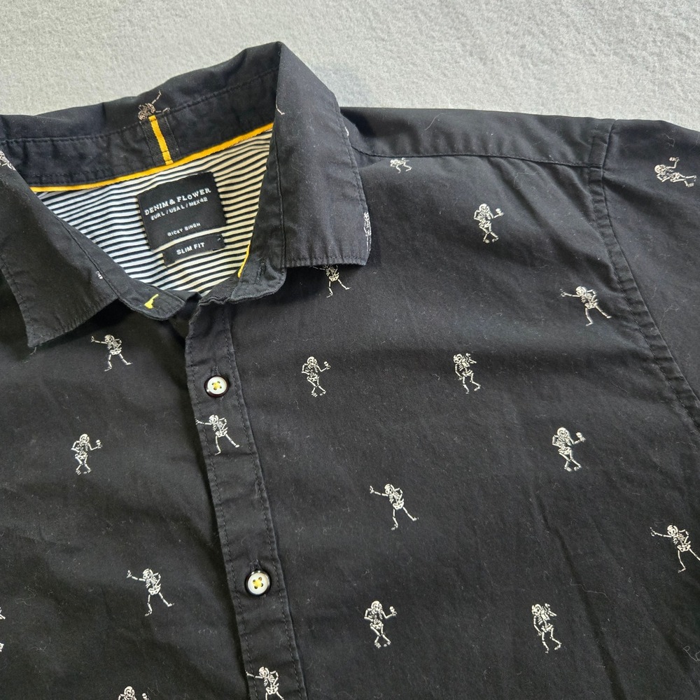 Denim & Flower Button Up Shirt Mens Large Black Skeleton Print Slim Fit Cotton